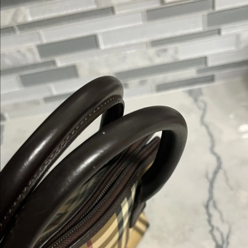 Classic Plaid Dome Satchel Handbag - Beige/Tan with Dark Brown Trim - Picture 11 of 11